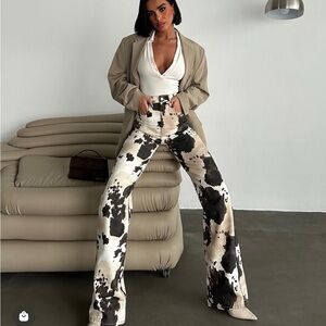 Black and White Wide Leg Pants with Bold Cow Print